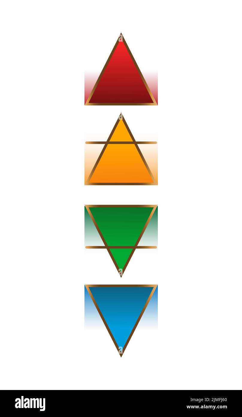 Die Vier Elemente: Feuer, Luft, Erde, Wasser. Gold-Geometrie, Wiccan-Weissagungssymbole. Bunte alte okkulte Zeichen, Vektor-Illustration isoliert Stock Vektor