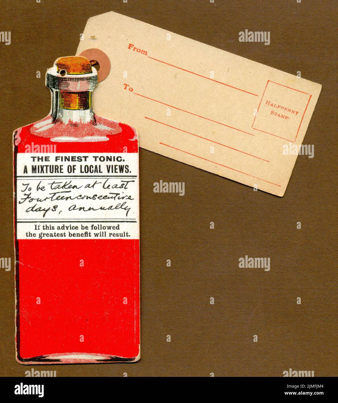 Chromolithographed gestanzte Flasche Tonic mit Etikett auf dem Postweg zu senden. Ca. 1908 Stockfoto