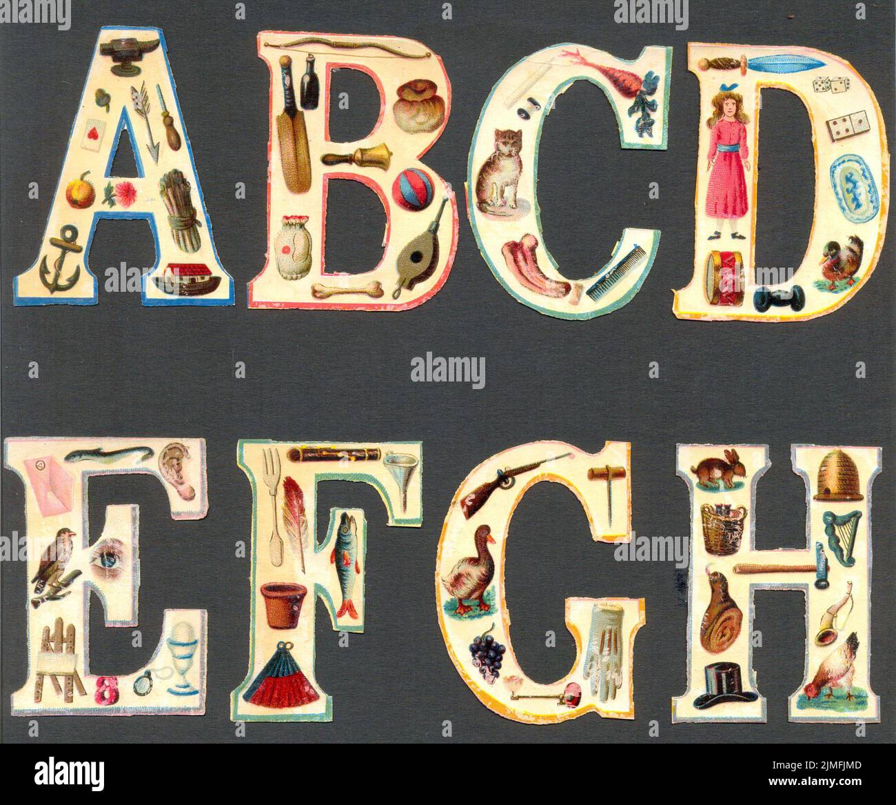 Alphabetische chromolithographische Stanzreste für die Buchstaben A bis H als Lehrmittel um 1885 Stockfoto
