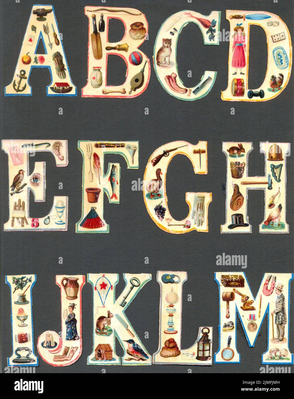 Alphabetische chromolithographische Stanzreste für die Buchstaben A bis M als Lehrmittel um 1885 Stockfoto