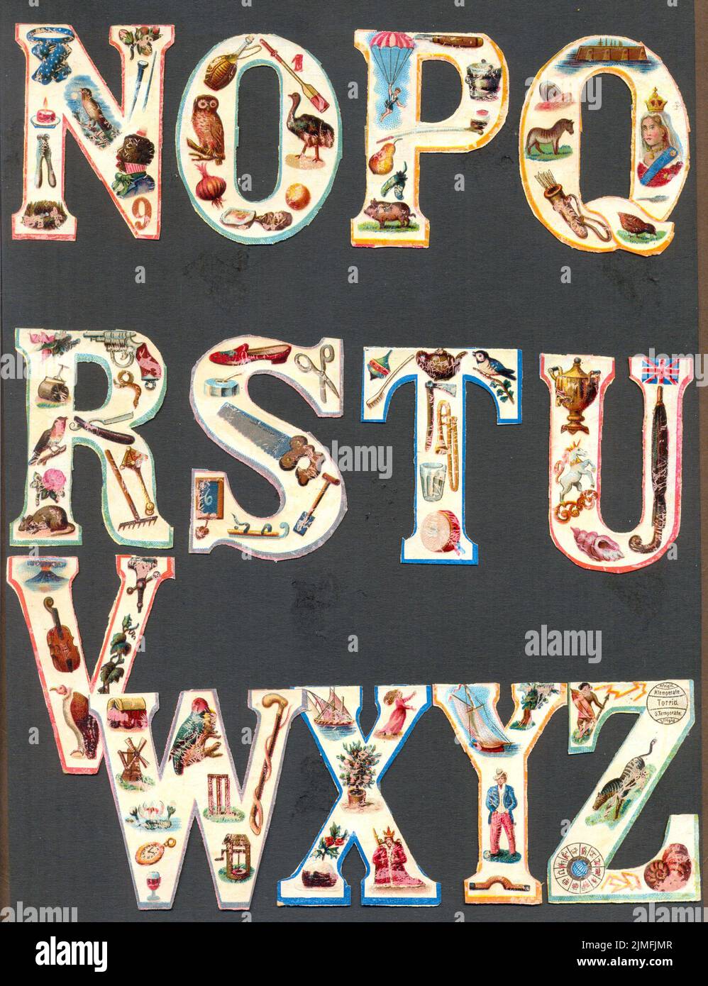 Alphabetische chromolithographische Stanzreste für die Buchstaben N bis Z als Lehrmittel um 1885 Stockfoto