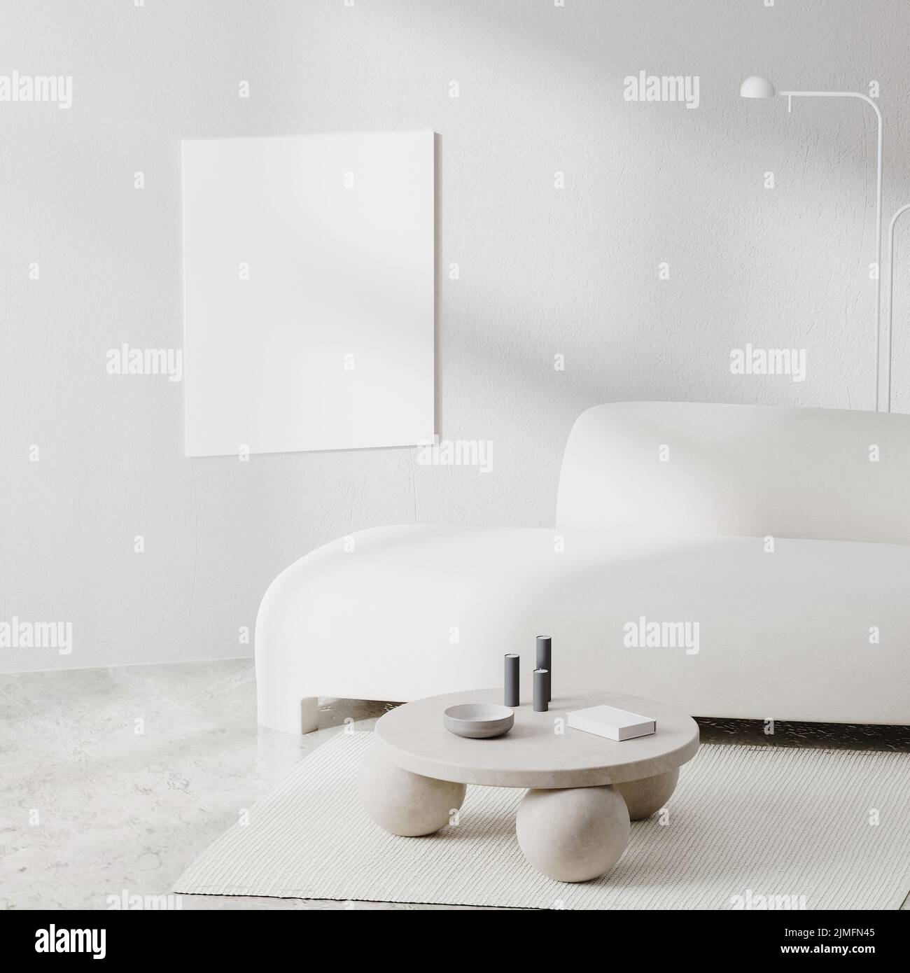 Leinwandmodell im modernen Wohnzimmer in weißer Farbe mit weißem Sofa und Marmorboden, 3D Rendering Stockfoto