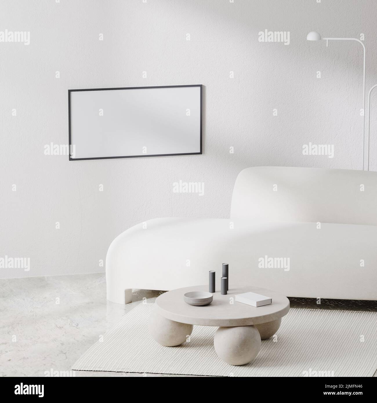 Horizontaler Bilderrahmen im modernen Wohnzimmer in weißer Farbe mit weißem Sofa und Marmorboden, 3D Rendering Stockfoto