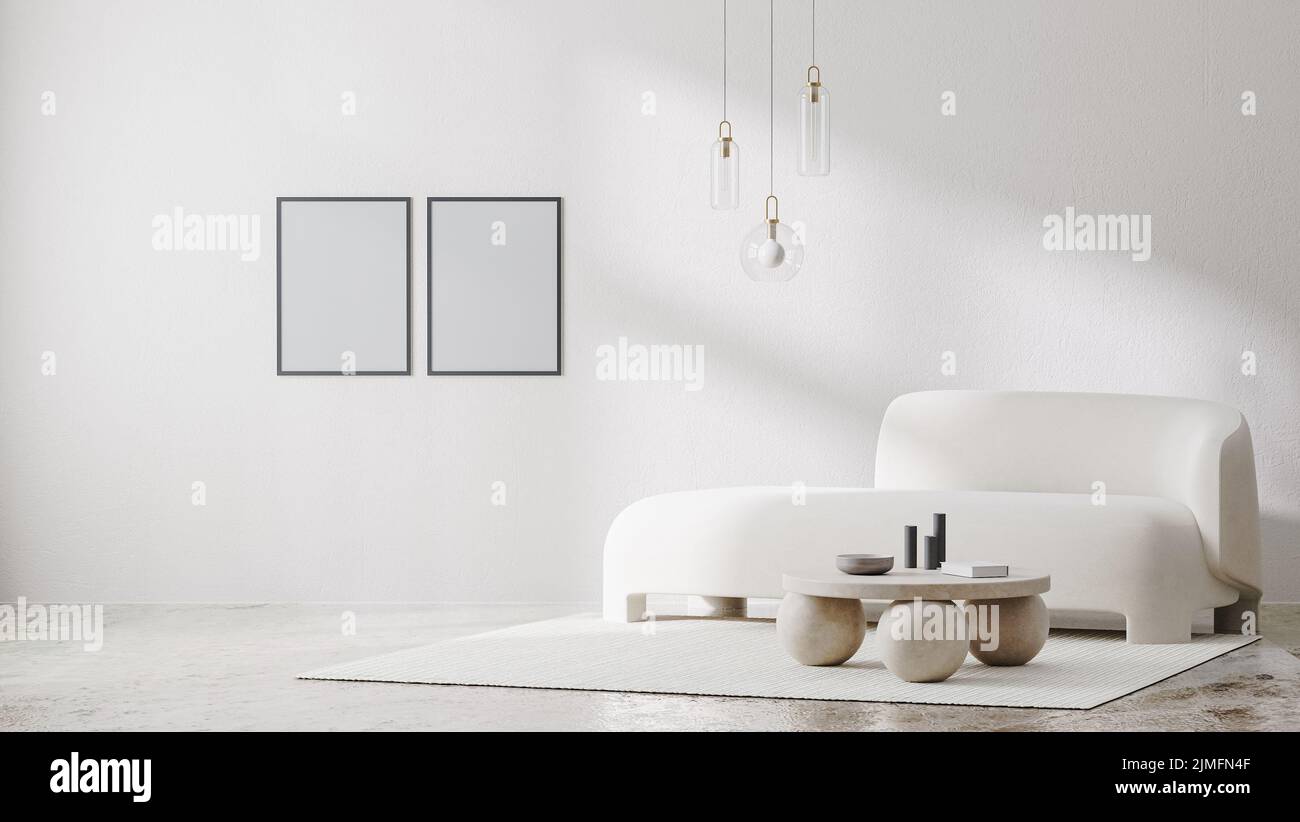 Posterrahmen-Modell im weißen Raum mit Sonnenschatten und weißem Sofa mit Couchtisch aus Stein und Pendelleuchte, 3D RE Stockfoto