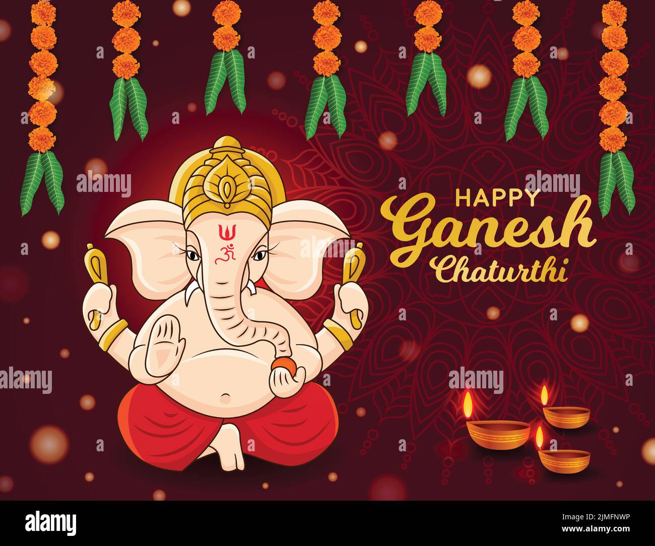 Happy Ganesh Chaturth Poster. Grafik zum Festival der künstlerischen Hindu-Anbetung. Mandala, Ringelblume, Blätter Banner Vektor Illustration. Social-Media-Beiträge Stock Vektor