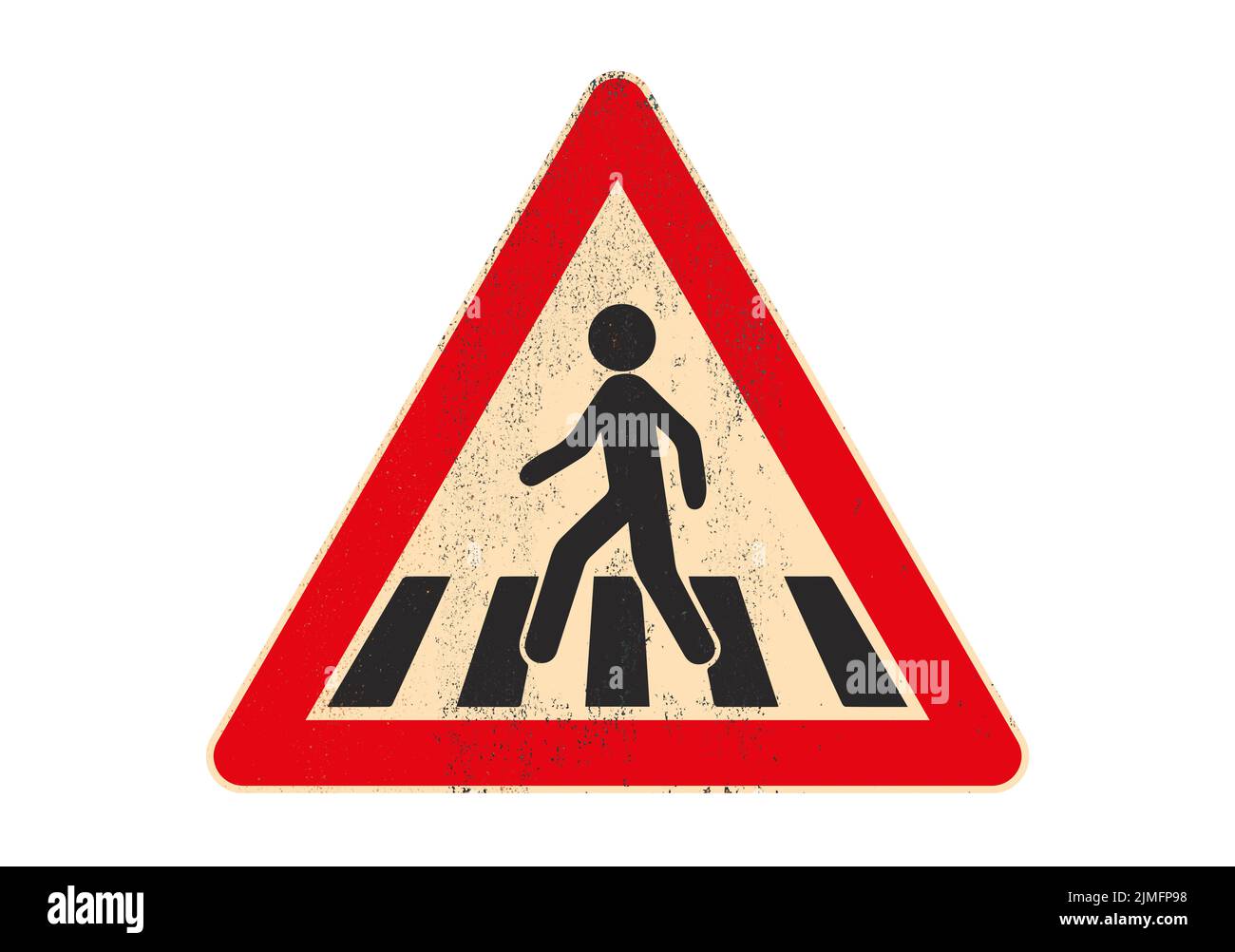 Verkehrszeichen Fußgängerübergangszeichen auf verrosteter und grungiger Metallplatte isoliert auf weißem Hintergrund. Hochwertige Illustration Stockfoto