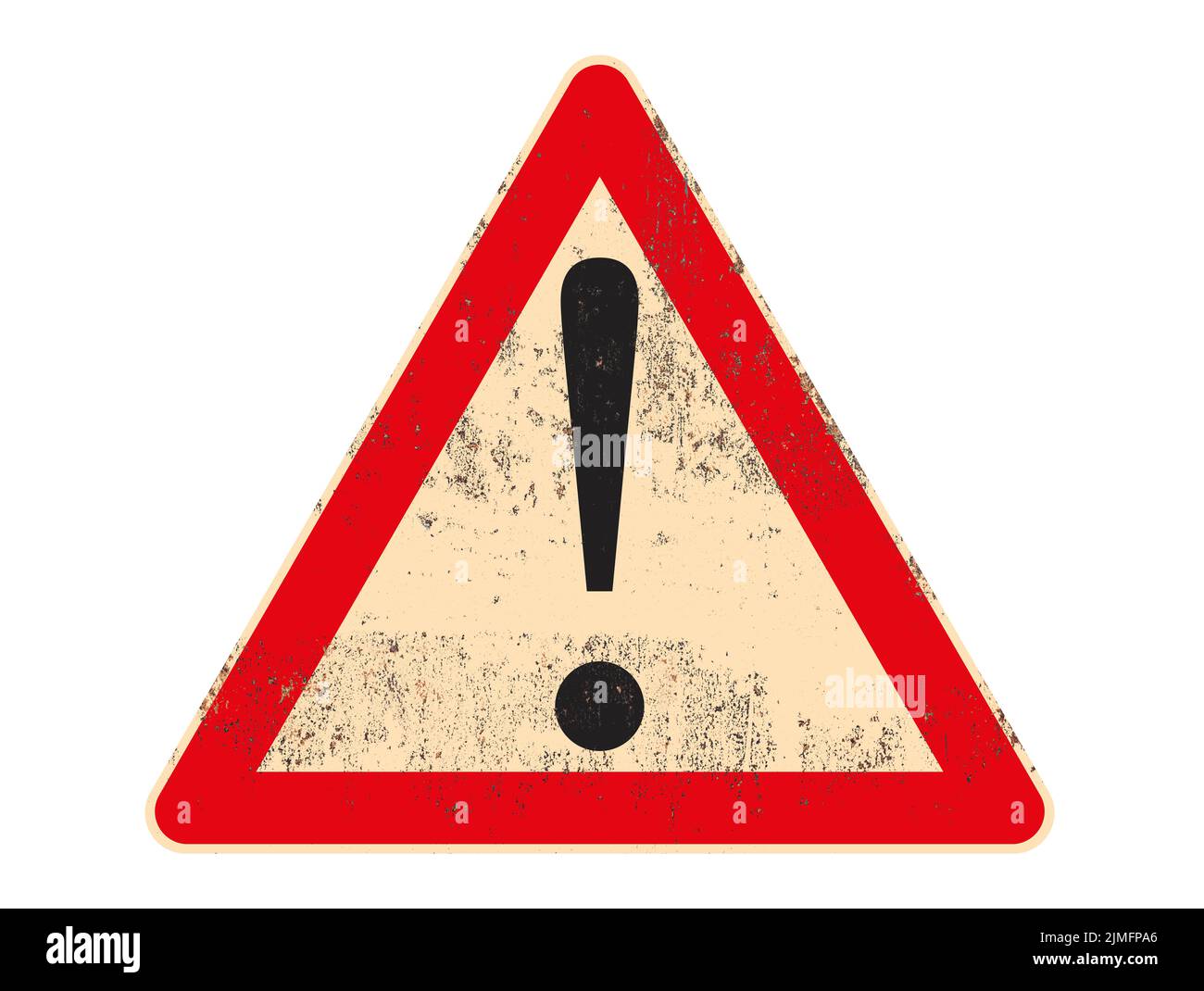 Verkehrszeichen Warnsymbol auf verrosteten und grungigen Metalltafel isoliert auf weißem Hintergrund. Hochwertige Illustration Stockfoto