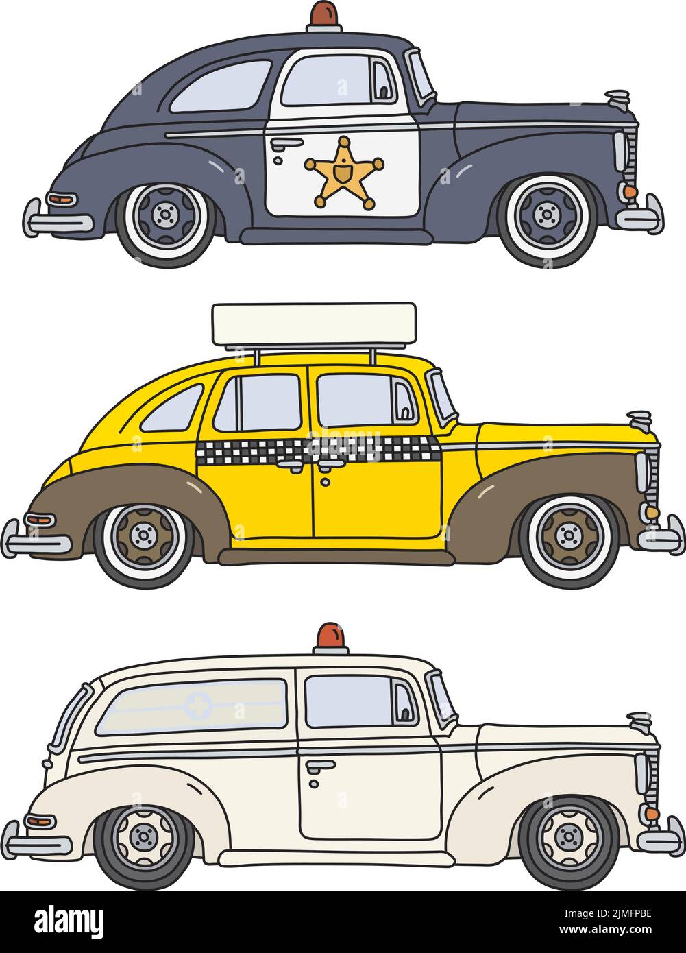Die vektorisierte Handzeichnung von drei großen amerikanischen Retro-Autos Stock Vektor