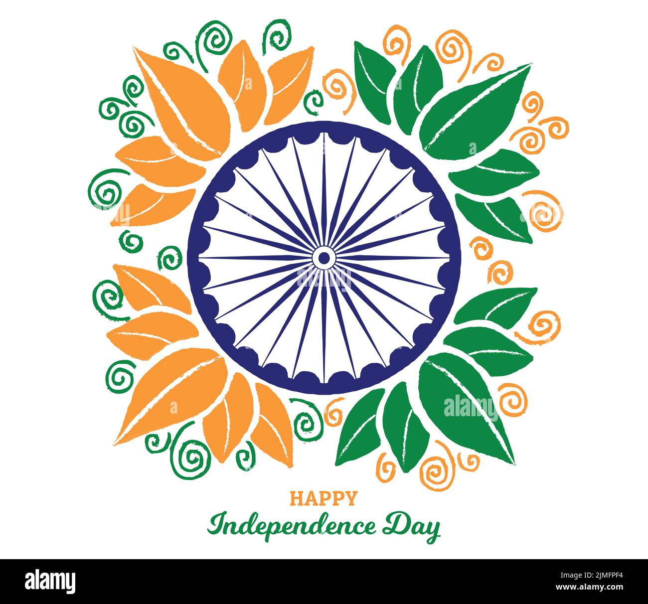 Happy Independence Day Handgezeichnete Blumen Abstraktes Poster Vektor Illustration. Nationalfeiertag In Indien, 15. August. Ashoka Chakra-Rad, Grunge-Textur Stock Vektor
