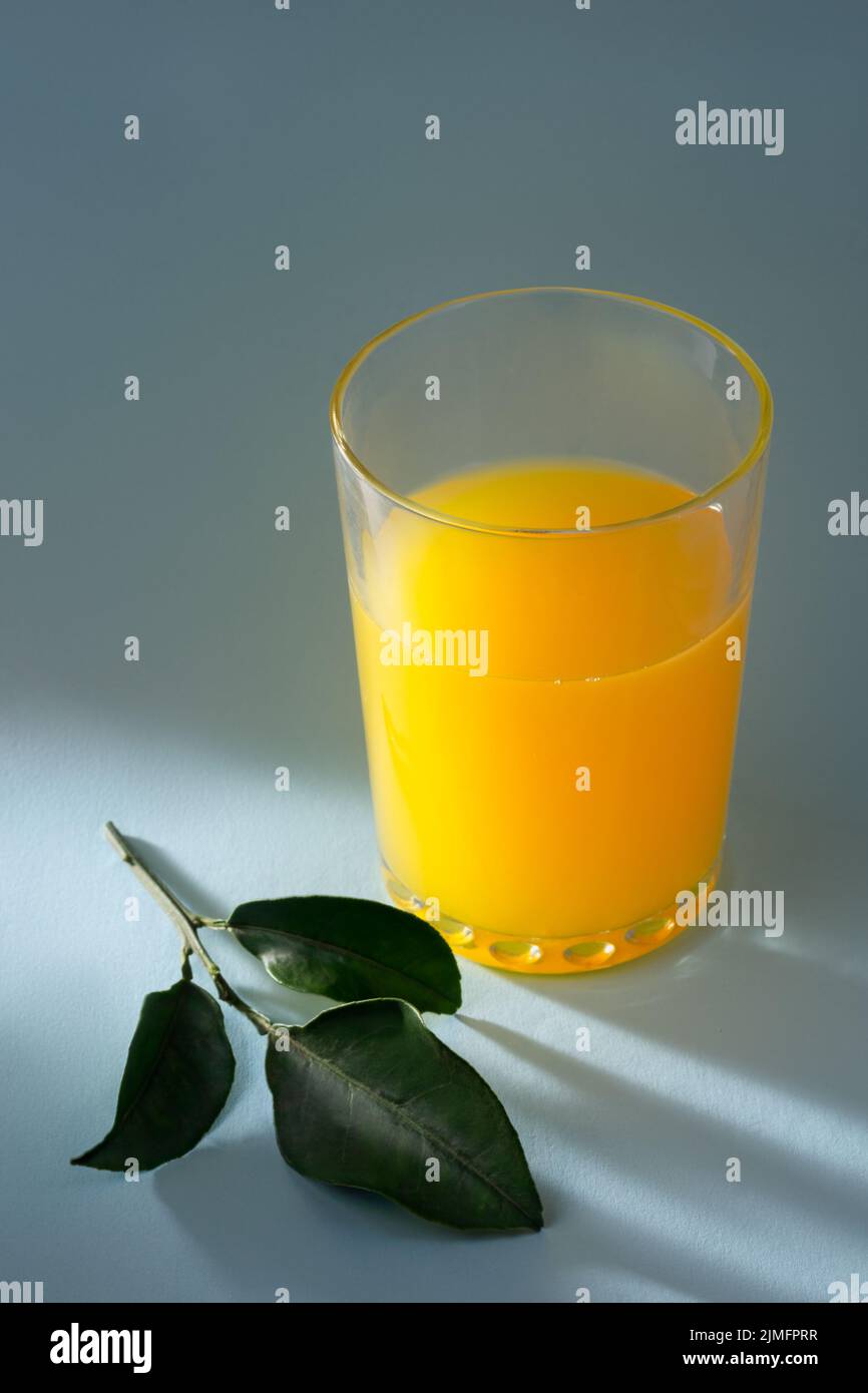 Glas Orangensaft isoliert auf hellblauem Hintergrund mit Blättern, weicher Fokus mit Platz für Text, dramatische Beleuchtung Stockfoto