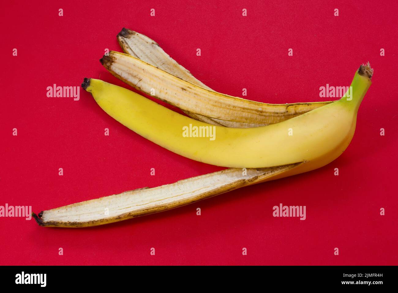 Bananenschale Haut liegt auf einem roten Hintergrund. Organische Fruchtrückstände nach der Reinigung. Stockfoto