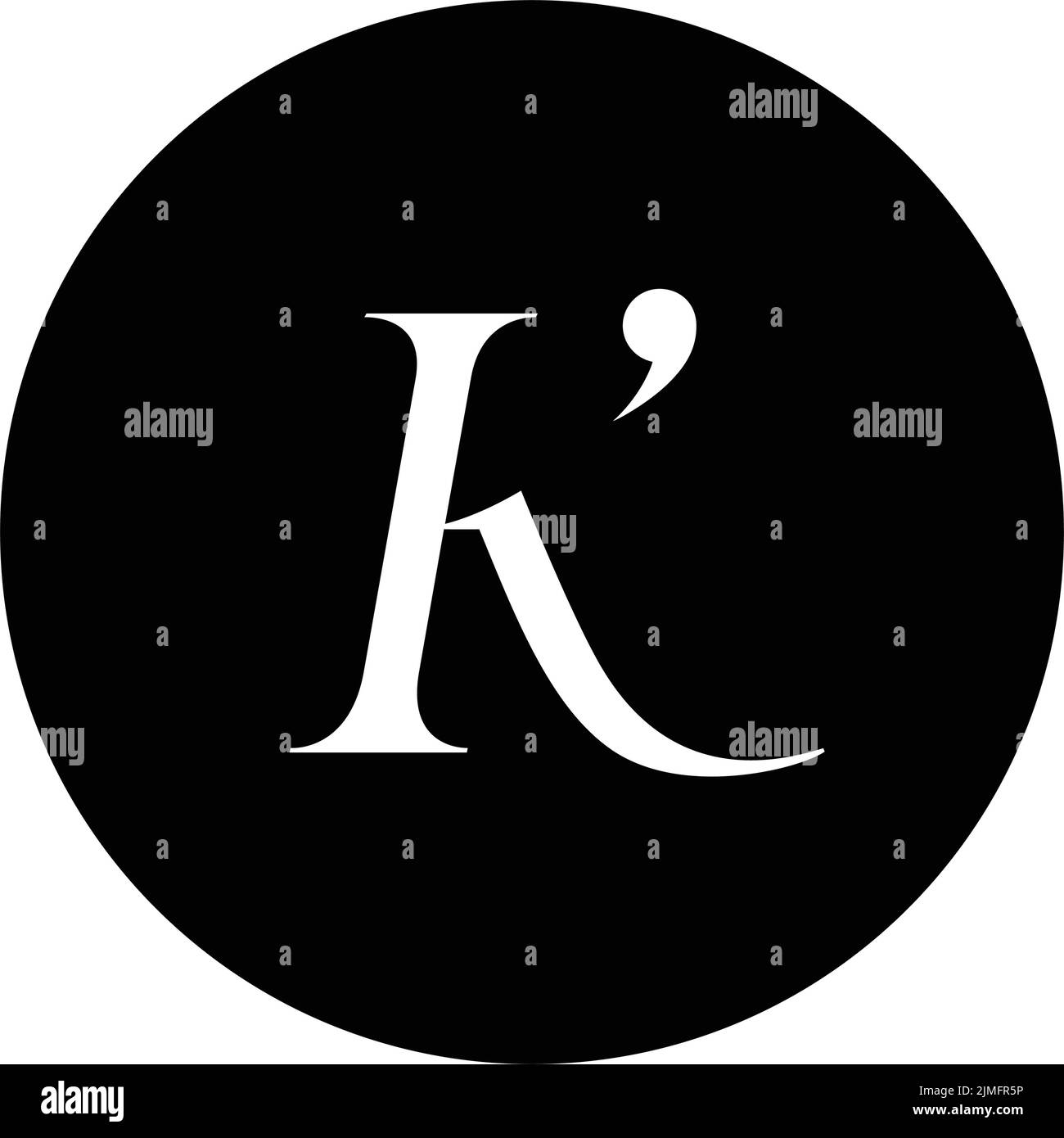 Lateinischer Buchstabe K in einem schwarzen Kreis. Logo oder Zeichen für ein Internetunternehmen, eine Werbeagentur. Modisches Monogramm. Kalligraphische Symbole und Schriftzüge. Stock Vektor