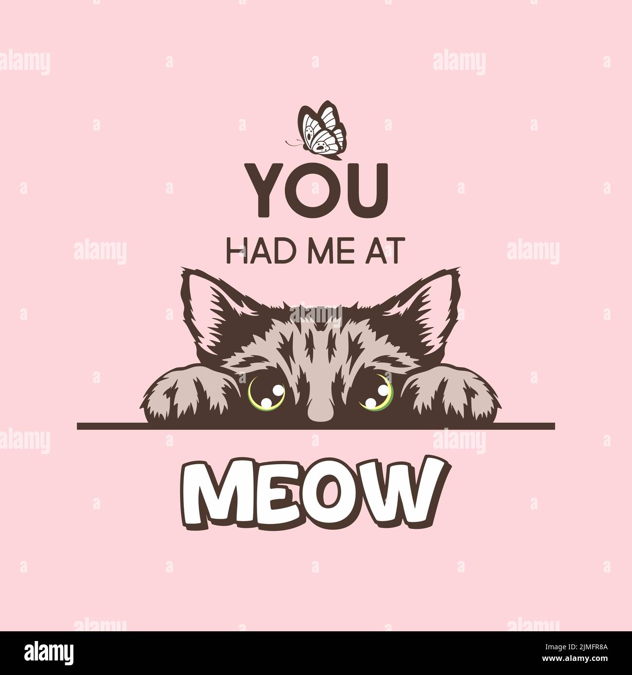 Du Hattest Mich In Meow. Vektor-Poster mit Katze Zitat und Hand gezeichnet Schwarz und Weiß versteckt Peeking Cute Kätzchen auf rosa Hintergrund. Funny Kitten ist Peeking Stock Vektor