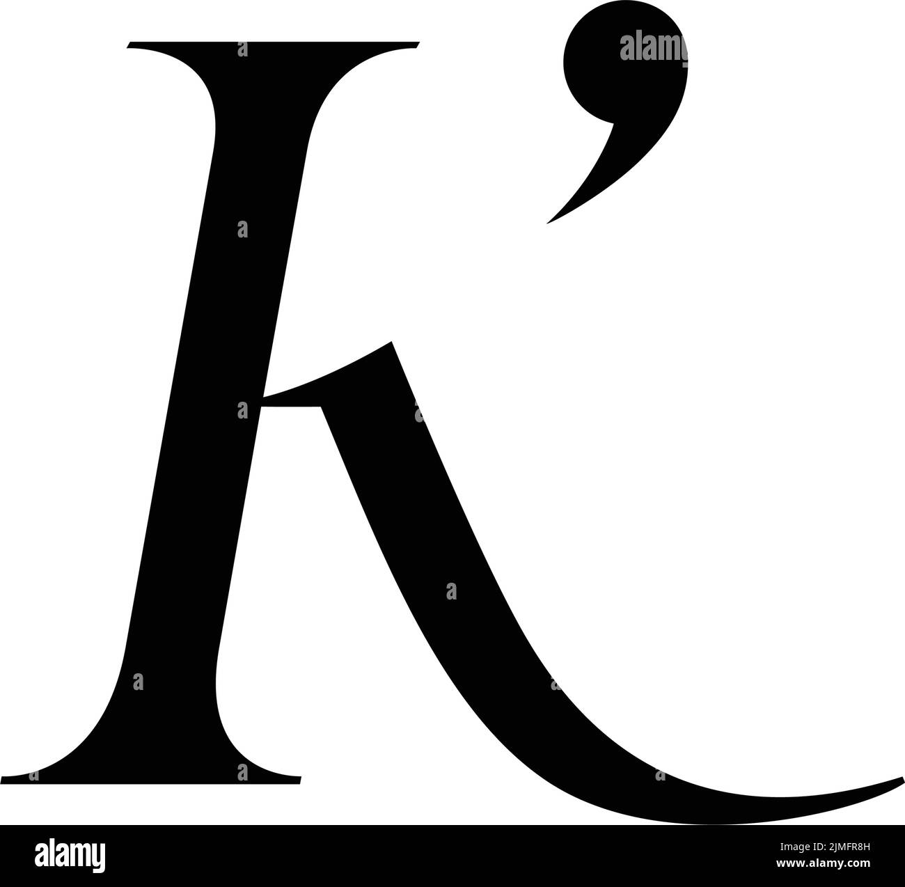 Lateinischer Buchstabe K auf weißem, isoliertem Hintergrund. Logo oder Zeichen für ein Internetunternehmen, eine Werbeagentur. Modisches Monogramm. Kalligraphische Symbol und lassen Stock Vektor