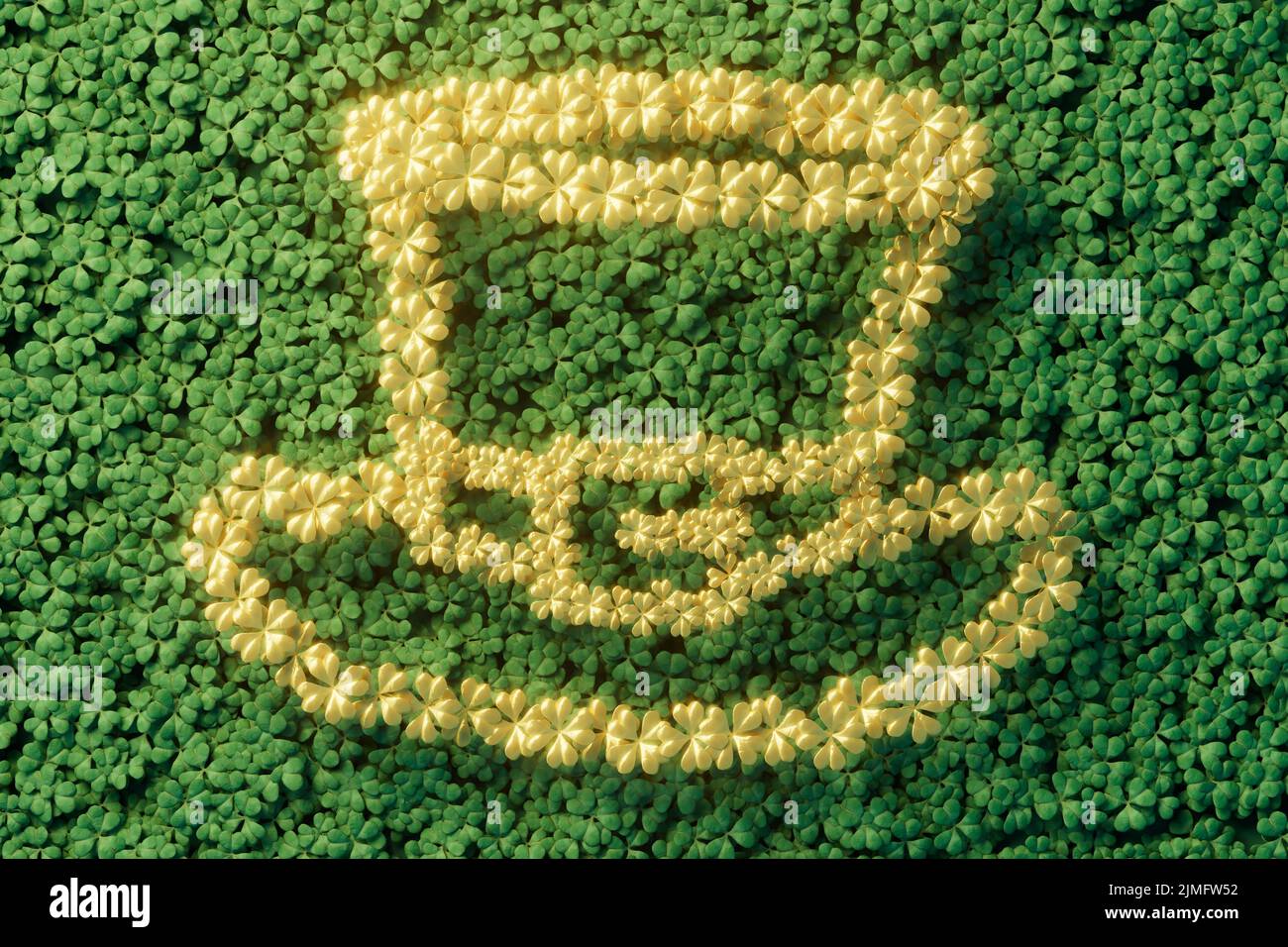 Gold Leprechaun Top hat Icon Green Clover Patch Hintergrund vier Blatt Kleeblatt Stockfoto