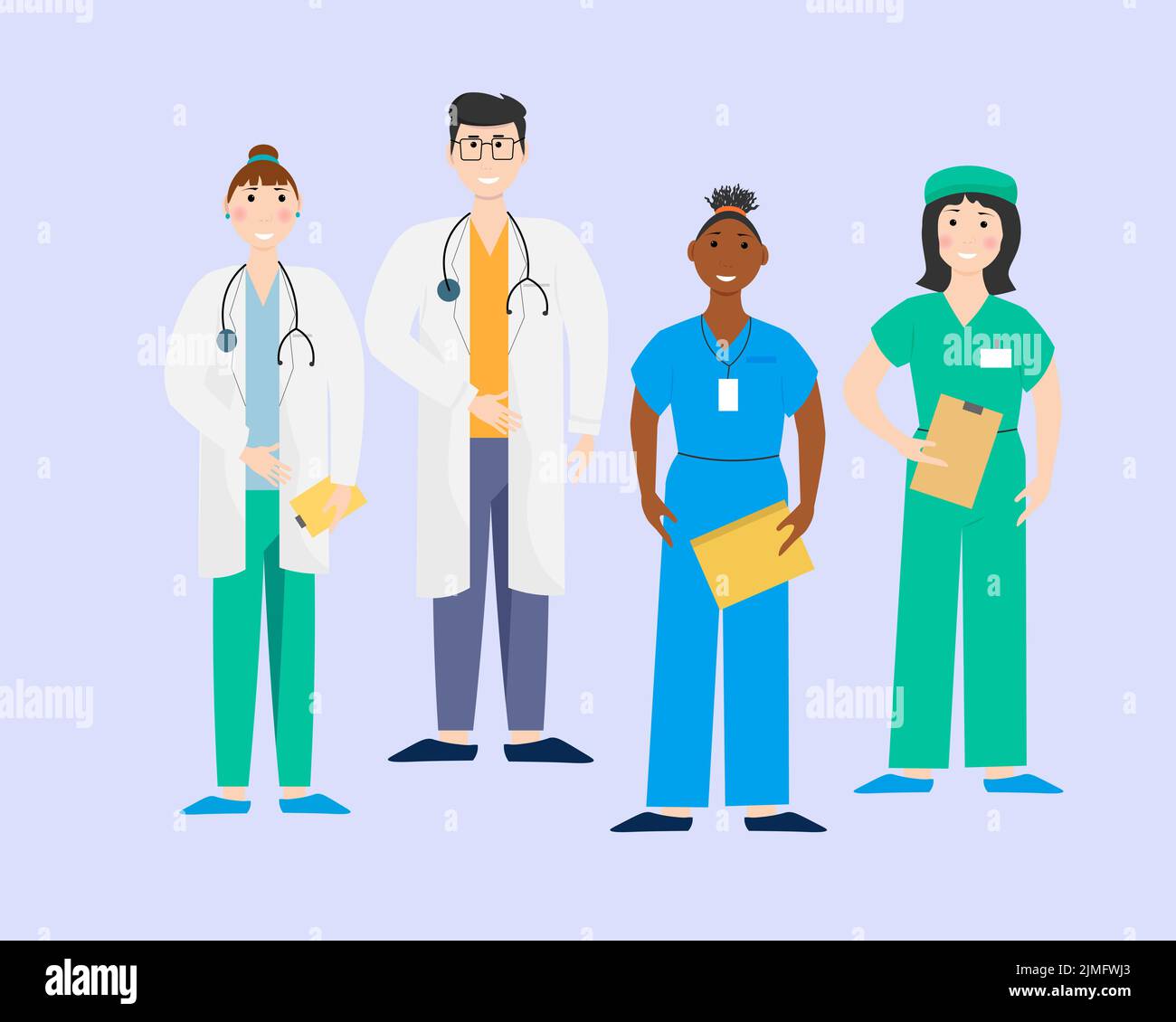 Eine Gruppe verschiedener internationaler Ärzte und Krankenschwestern in einem Krankenhaus. Vektordarstellung zu einem medizinischen Thema. Stock Vektor