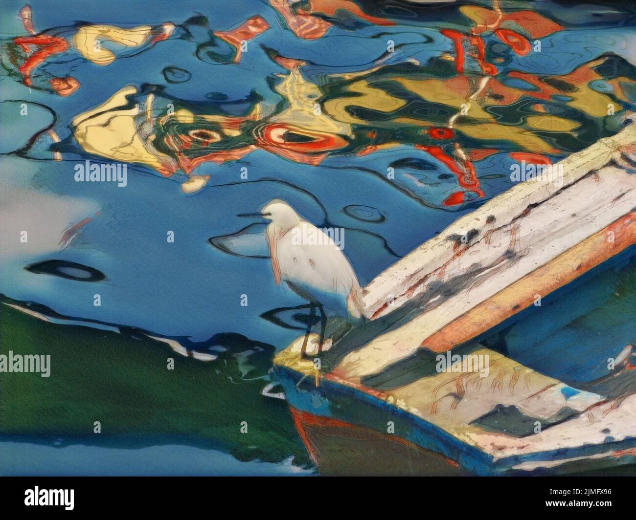 Ein Vogel mit weißem Gefieder steht auf einer Reihe mit abstrakten Formen in Farben, die sich im Wasser darunter widerspiegeln. Foto bearbeitet, um wie eine Illustration auszusehen. Stockfoto
