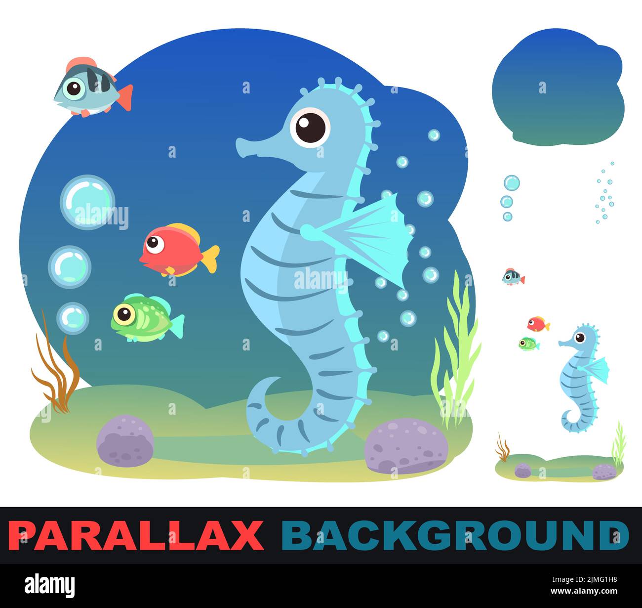 Kleine Landschaft. Sea Horse. Legt den Parallaxeneffekt fest. Unterwasserwelt. Wilde Tiere. Meer, Meer. Sommerwasser. Isoliert auf weißem Hintergrund. Abbildung Stock Vektor