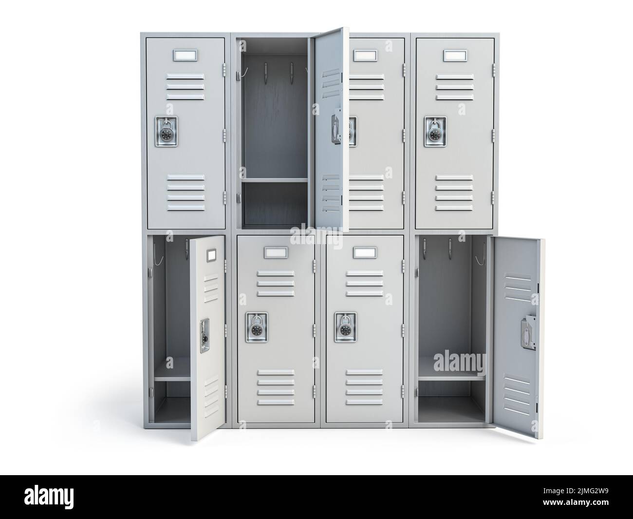 Metallschrank mit offenen Türen isoliert auf weiß. 3D Abbildung Stockfoto