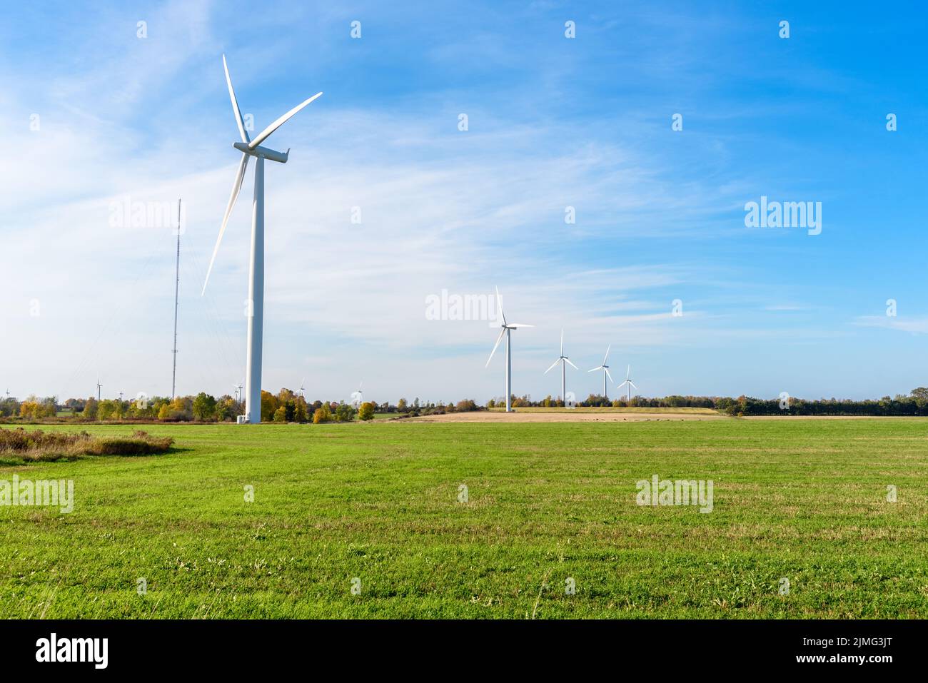 Windpark in ländlicher Landschaft an einem klaren Herbsttag. Speicherplatz kopieren. Stockfoto