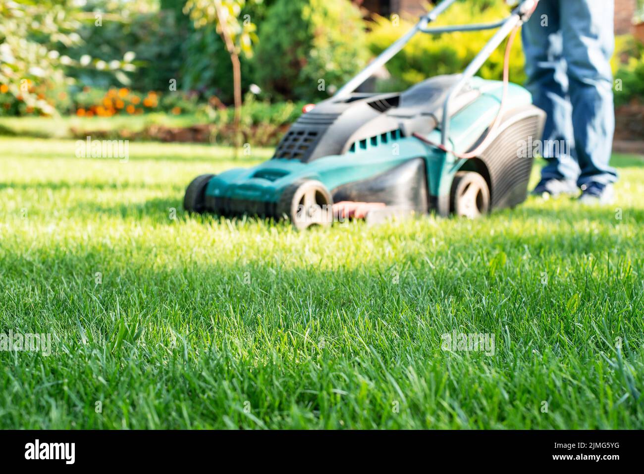 Mann schiebt den Rasenmäher. Rasenpflege Hintergrund, Ort für Text Stockfoto