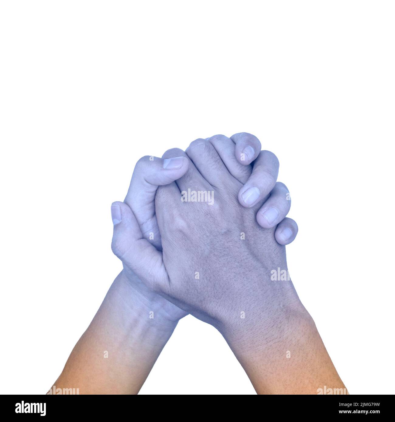 Zusammengekrallte Hände mit hellblauer Farbe des asiatischen jungen Mannes. Konzept der kalten und unbeholfenen Hand. Stockfoto