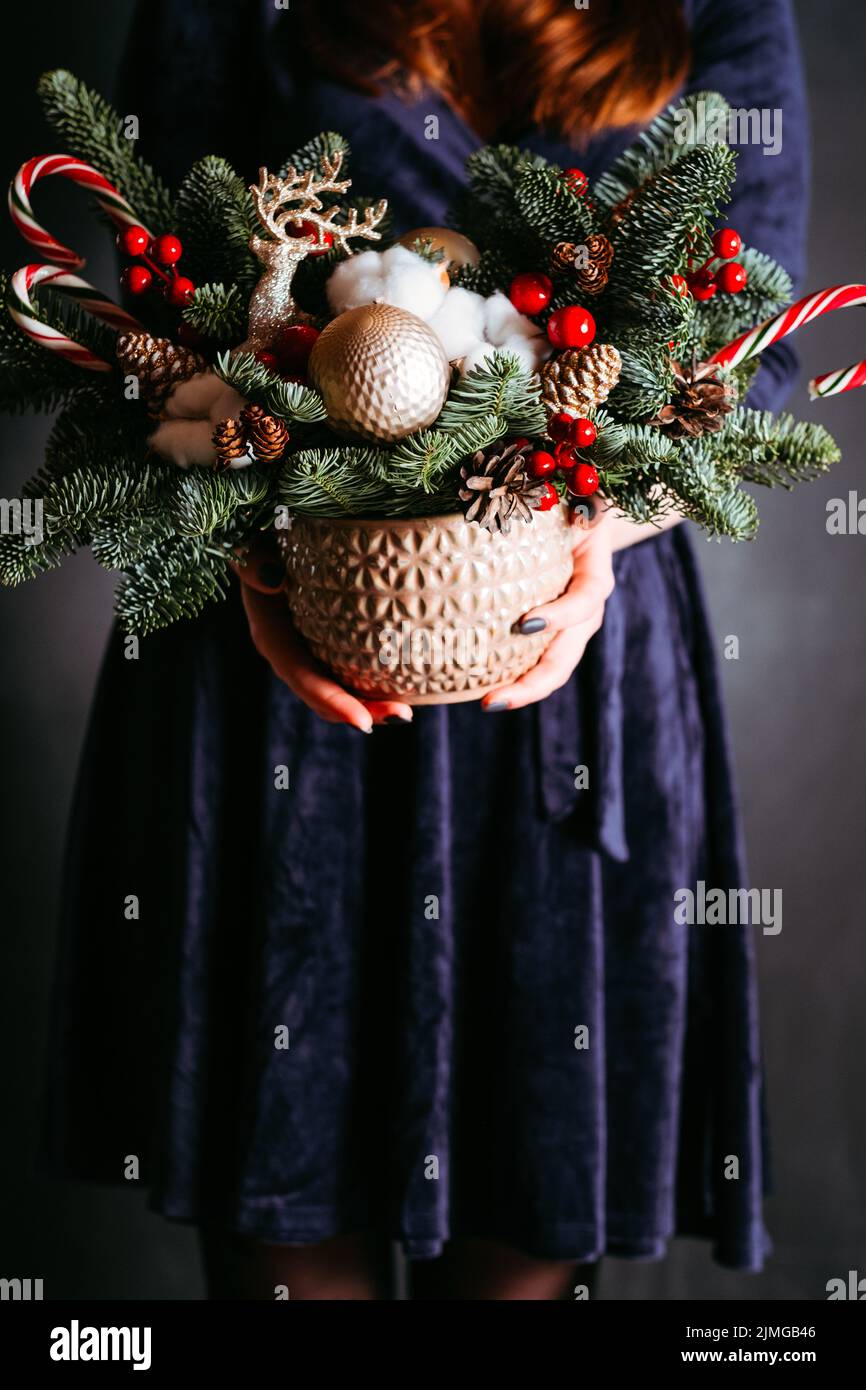 Winterurlaub Inneneinrichtung Tannenbaum Süßigkeiten Stöcke Stockfoto