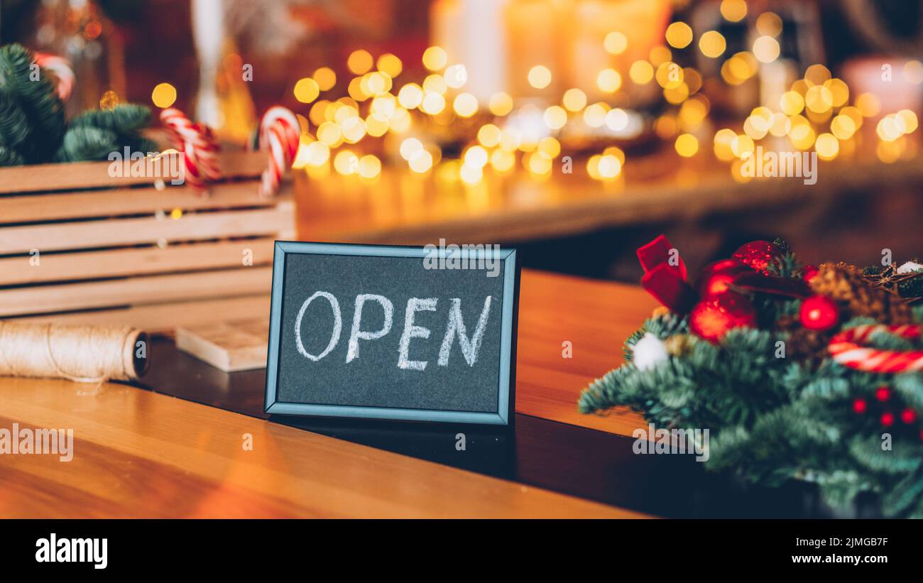 Floristen-Werkstatt weihnachten Dekor einladendes Zeichen Stockfoto