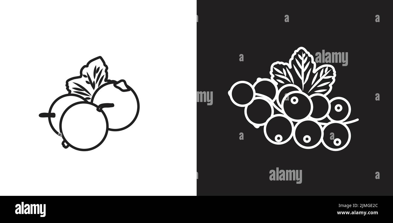 SCHWARZE JOHANNISBEEREN Doodle mit zwei Farben. Line Art Illustration von schwarzen Johannisbeeren. Isoliert auf zwei Hintergrund. Stock Vektor