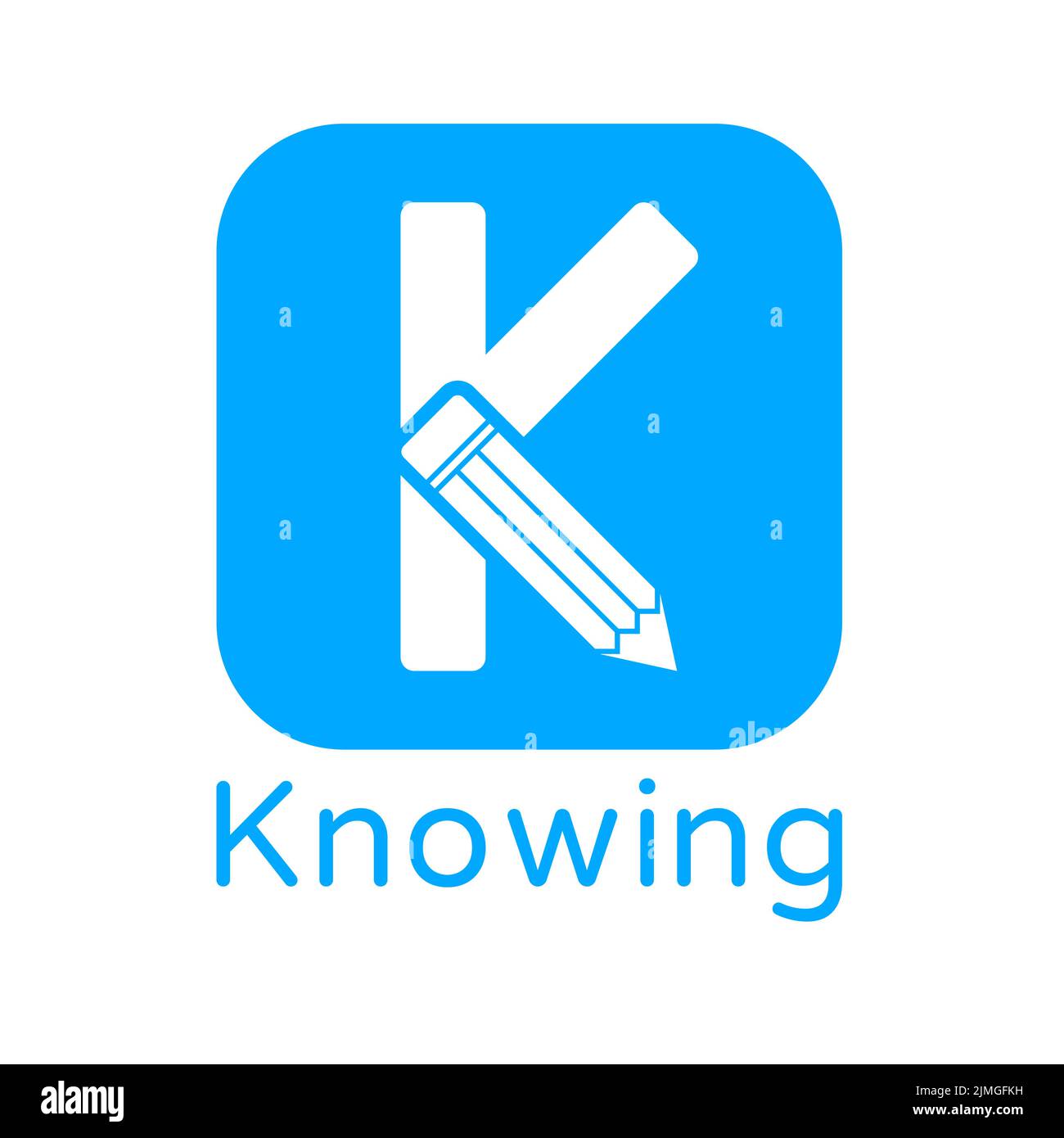 Ein Logo im Zeichen des Bildungswesens mit dem Buchstaben K in einem blauen Quadrat mit abgerundeten Ecken und einem Bleistiftsymbol im Inneren Stock Vektor