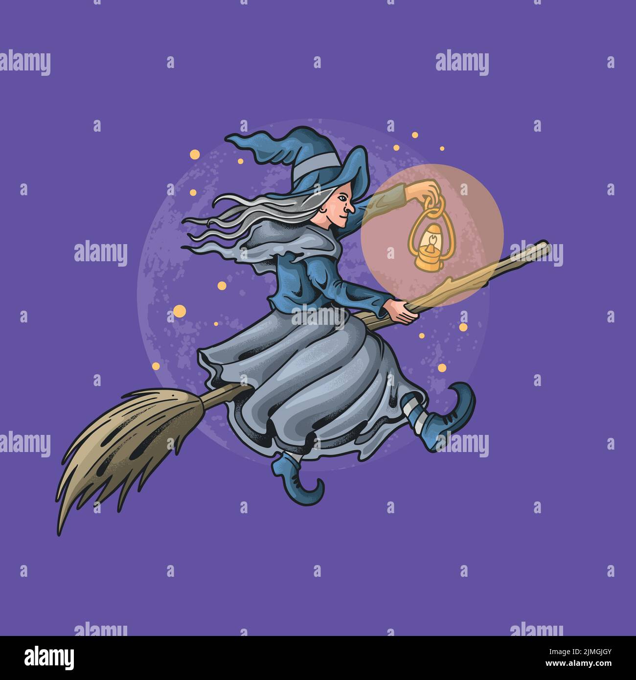 Ein Vektordesign einer Hexe, die auf einem fliegenden Besen reitet und eine Handlampe auf einem violetten Hintergrund hält Stock Vektor