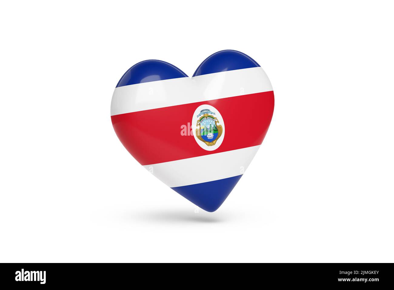 Herz mit den Farben der Flagge von Costa Rica isoliert auf weißem Hintergrund. 3D Abbildung. Stockfoto