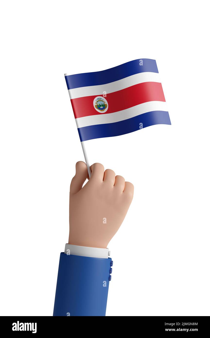 Cartoon Hand mit der Flagge von Costa Rica isoliert auf weißem Hintergrund. 3D Abbildung. Stockfoto