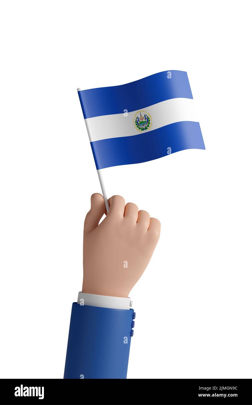 Cartoon-Hand mit der Flagge von El salvador isoliert auf weißem Hintergrund. 3D Abbildung. Stockfoto