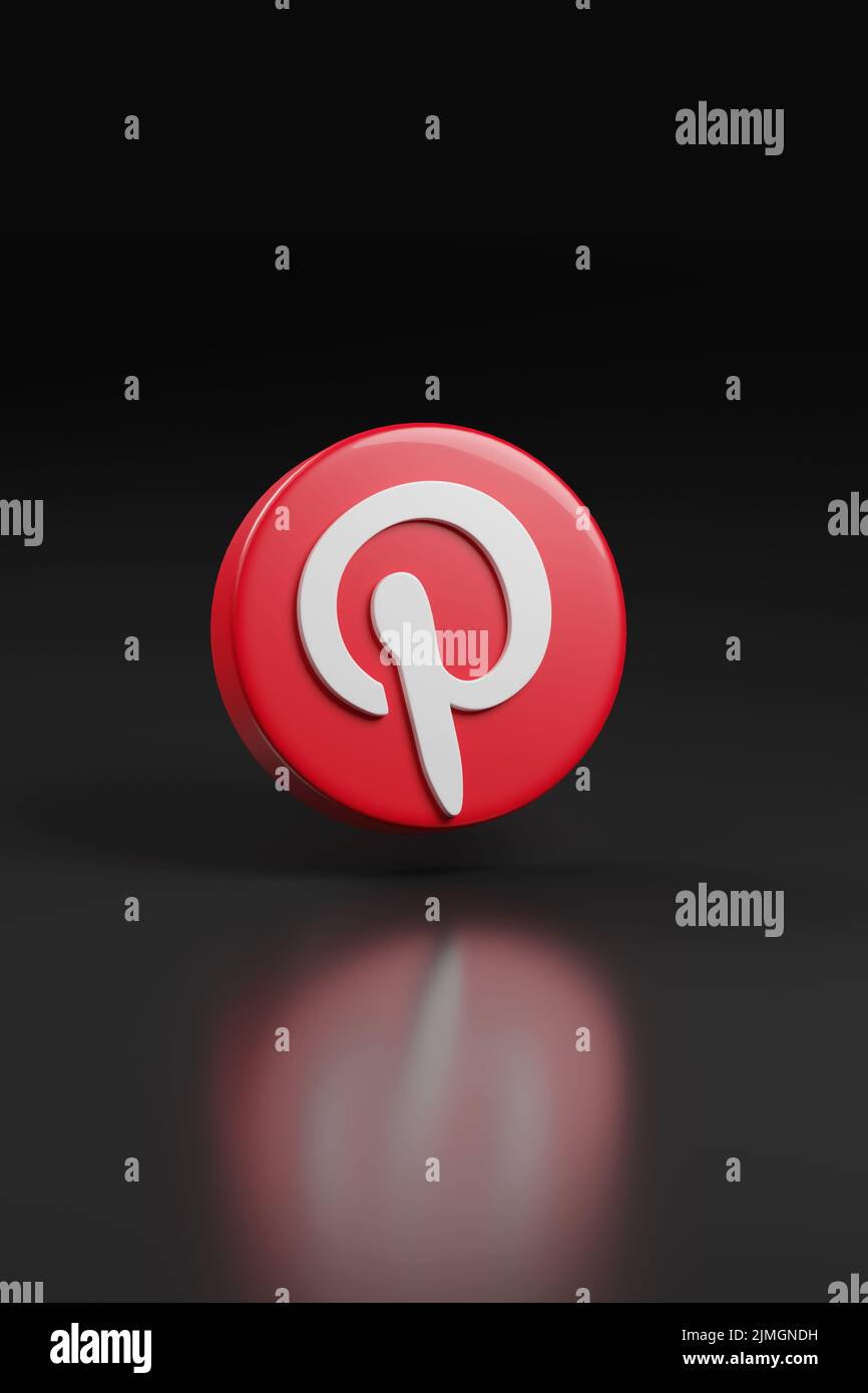 Buenos Aires, Argentinien - 6.. August 2022: Pinterest-Logo auf schwarzem Hintergrund. 3D Abbildung. Stockfoto