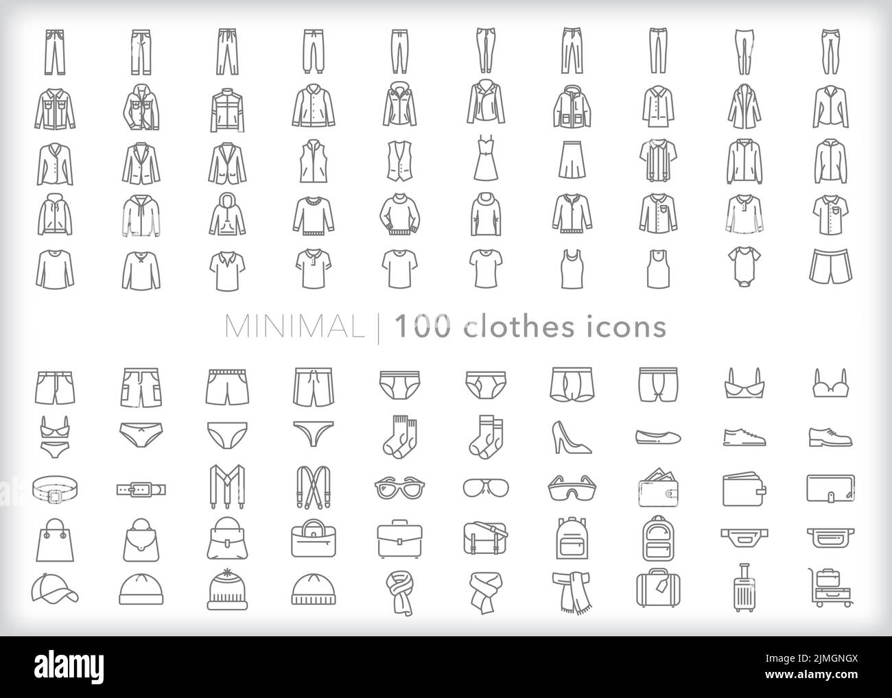 Set mit 100 Kleidungssymbolen für Männer, Frauen und Kinder, die sich mit Hemden, Hosen, Shorts, Unterwäsche und mehr kleiden Stock Vektor