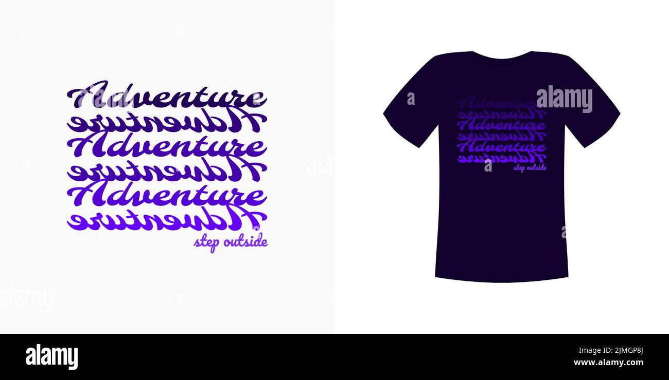 Ein Vektordesign aus einer weißen Vorlage und einem violetten Hemd und das Wort „Abenteuer“, das auf beiden wiederholt wird Stock Vektor