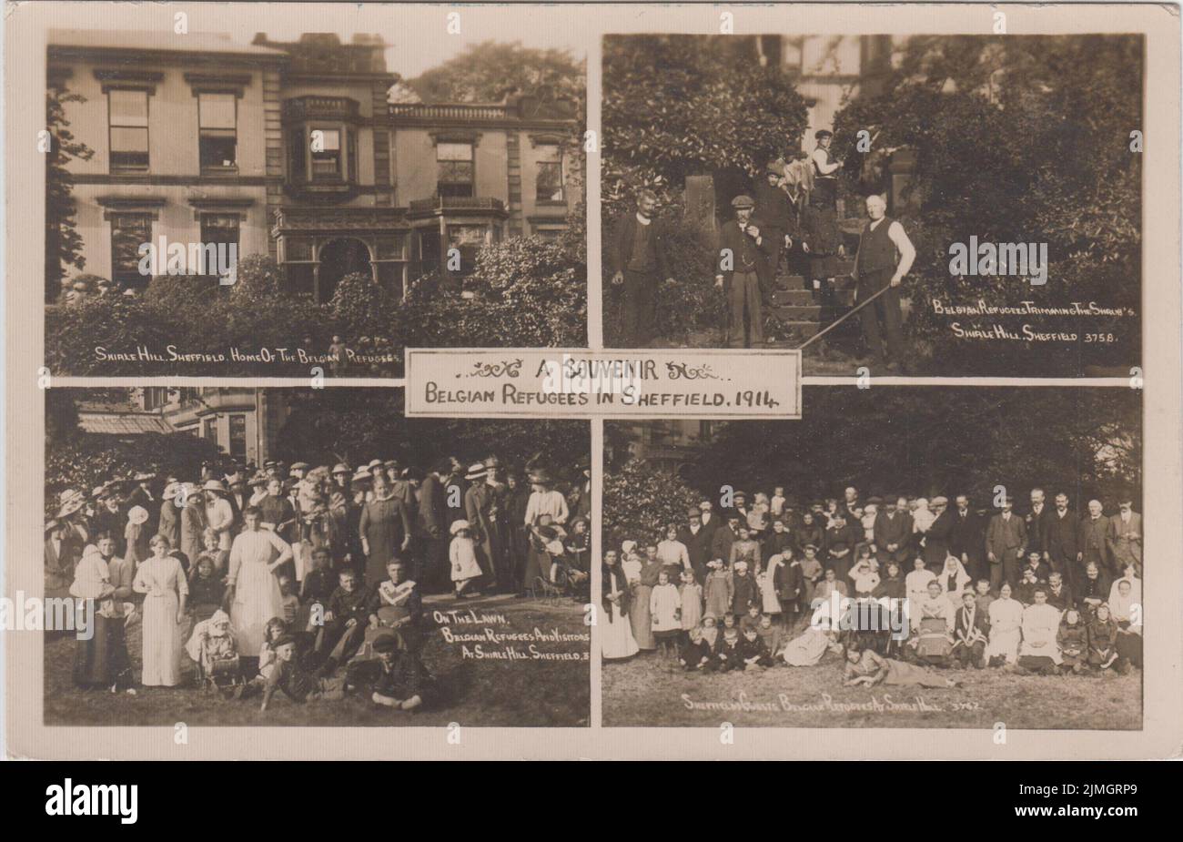 „Ein Souvenir: Belgische Flüchtlinge in Sheffield, 1914“: Fotopostkarte aus dem Ersten Weltkrieg mit vier Ansichten belgischer Flüchtlinge in Shirle Hill, Sheffield. Die Fotos zeigen (1) eine allgemeine Ansicht des Hauses mit ein paar Kindern, die draußen stehen; (2) "Belgische Flüchtlinge, die die Sträucher beschneiden"; (3) "auf dem Rasen. Belgische Flüchtlinge und Besucher“; und (4) „Sheffield Guests. Belgische Flüchtlinge auf Shirle Hill (Gruppenschuss von Männern, Frauen und Kindern) Stockfoto