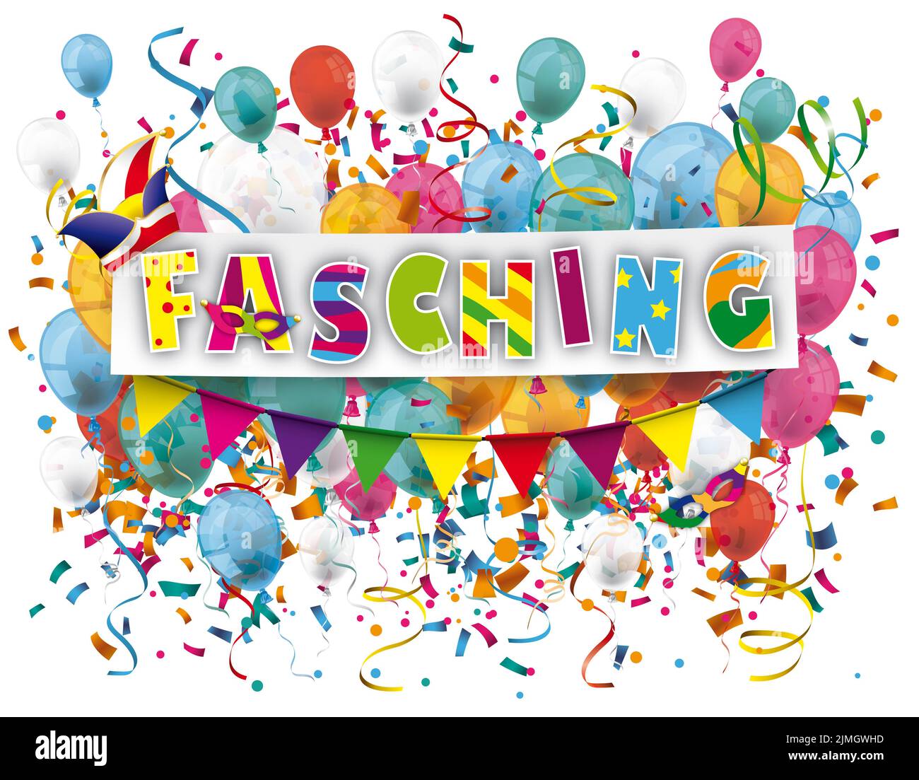 Farbige Fasching Papier Banner Ballons Konfetti Narren Kappe Stockfoto