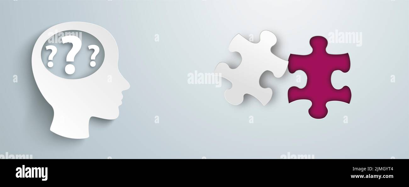 Menschlicher Kopf Fragen Papier Puzzle Loch Grau Header Stockfoto Menschlicher Kopf Fragen Papier Puzzle Loch Grau Header Stockfoto