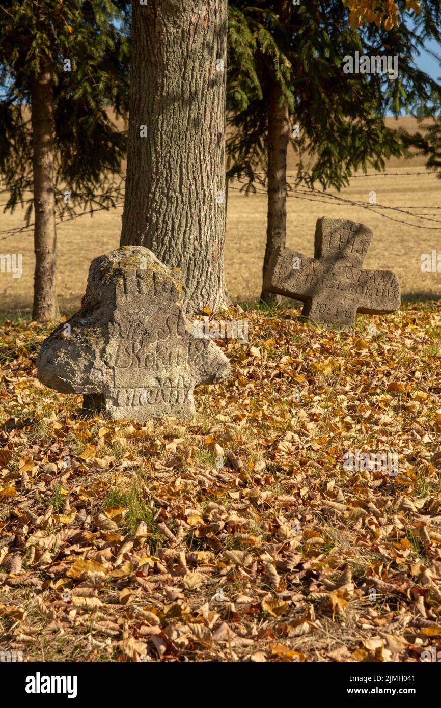 Alter alter alter Friedhof. Verlassene Grabsteine. Begräbnisstätte. Podzamcok. Slowakei. Stockfoto