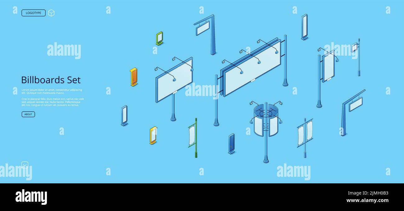 Plakate isometrisches Webbanner. Set von Straßenschild, Stände, Stände oder Stände verschiedene Konstruktionen für Außenwerbung auf blauem Hintergrund Stock Vektor