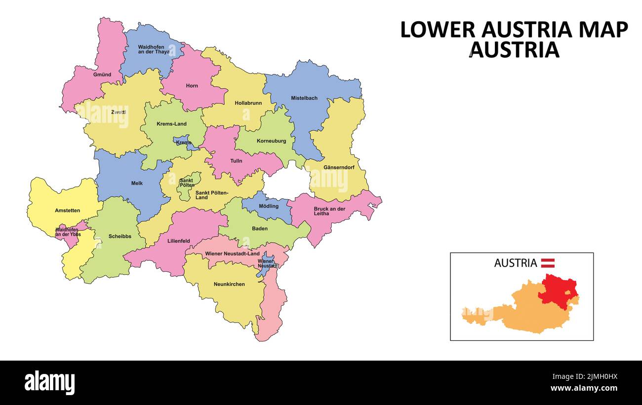 Niederösterreich Karte. Bezirkskarte von Niederösterreich Detaillierte Niederösterreichlandkarte in Farbe mit Hauptstadt. Stock Vektor