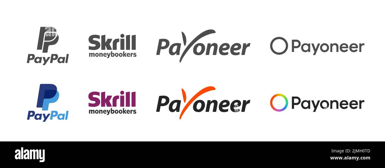 POLEN, BRESLAU - 22. JULI 2022: Icons der internationalen Zahlungssysteme PAYPAL, SKRILL, PAYONEER. Vektorversion für Websites, Anwendungen und Anwendungen Stock Vektor