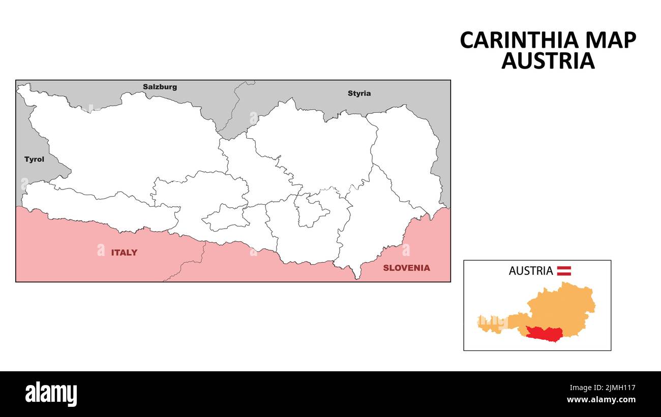 Kärntner Karte. Landes- und Kreiskarte von Kärnten. Politische Karte von Kärnten mit Umriss und Schwarz-Weiß-Design. Stock Vektor