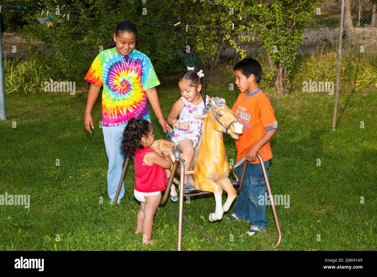 Kinder im Alter von 1 bis 12 Jahren, die Cousins, Schwestern und Bruder sind. Die jüngste hält ein Kätzchen, während sie im Hinterhof auf Th spielen Stockfoto