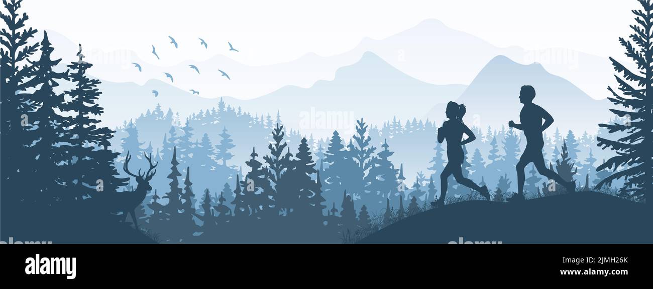 Silhouette von Jungen und Mädchen joggen. Wald, Wiese, Berge. Horizontales Banner. Blaue Abbildung. Stockfoto