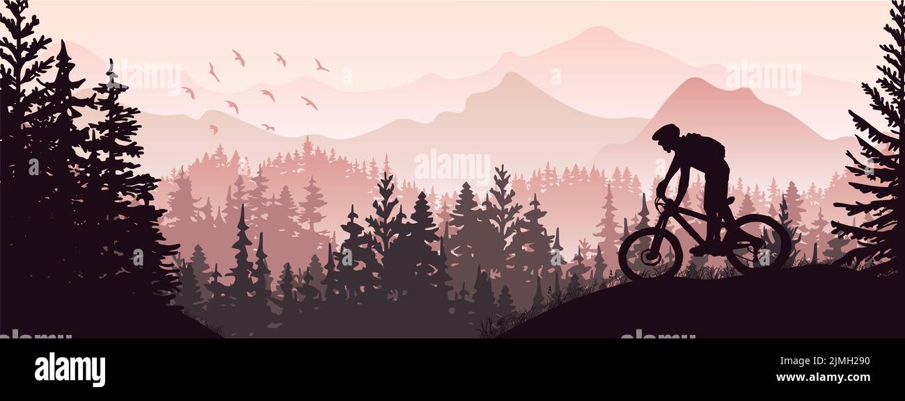 Silhouette von Mountainbike-Fahrer in der wilden Natur Landschaft. Berge, Wald im Hintergrund. Magisch neblige Natur. Rosa und violette Illustration. Stockfoto
