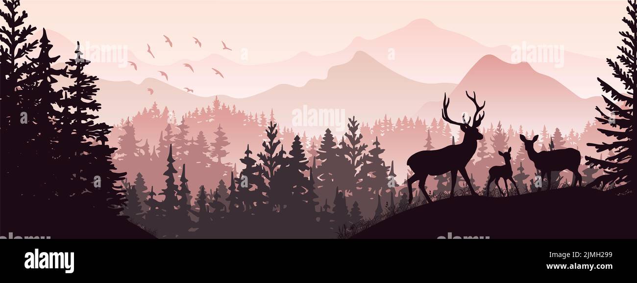 Horizontales Banner. Silhouette von Hirsch, Rehe, Rehkitz, die auf der Wiese im Wald stehen. Silhouette von Tier, Bäumen, Gras. Magisch neblige Landschaft, Nebel, moun Stockfoto
