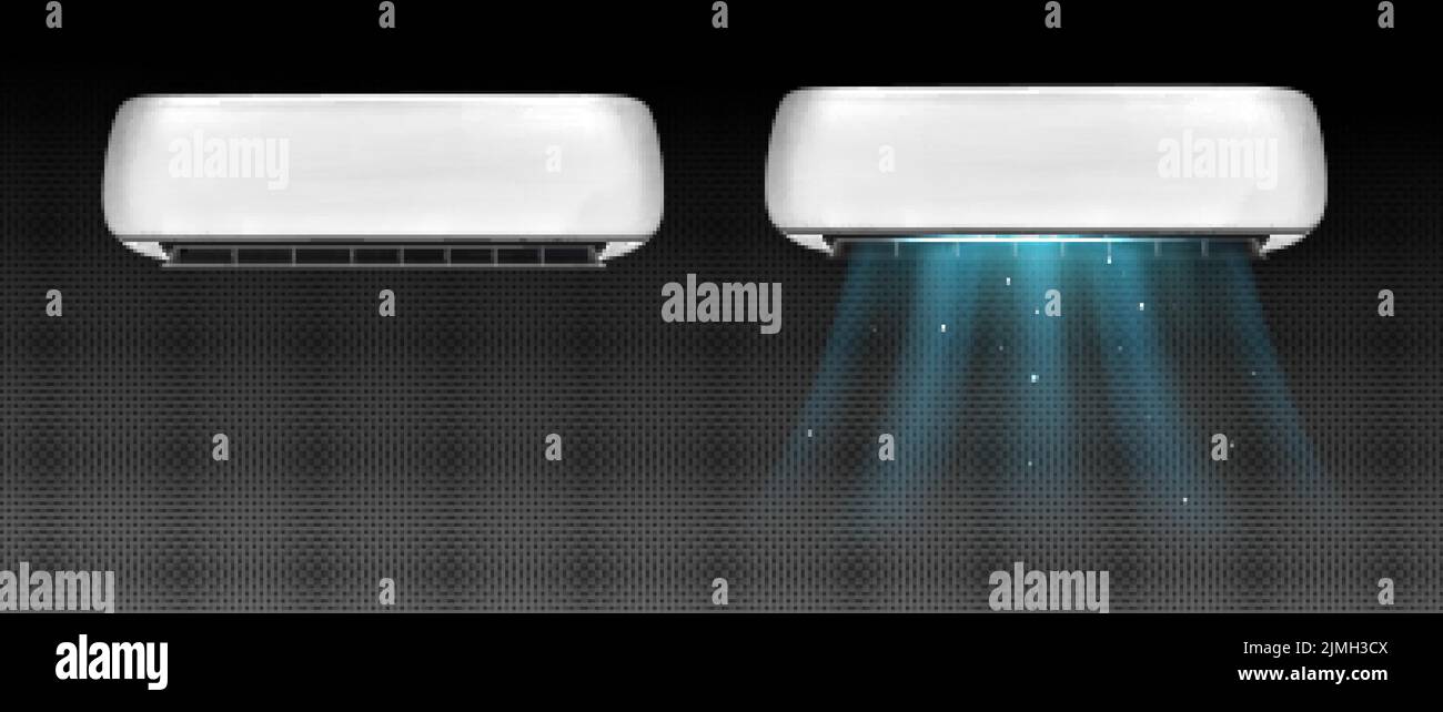 Klimaanlage mit Klimaregelung. Split-System mit kalten Windströmen. Vector realistisches Modell des weißen Luftreinigers für Zuhause und Büro Stock Vektor